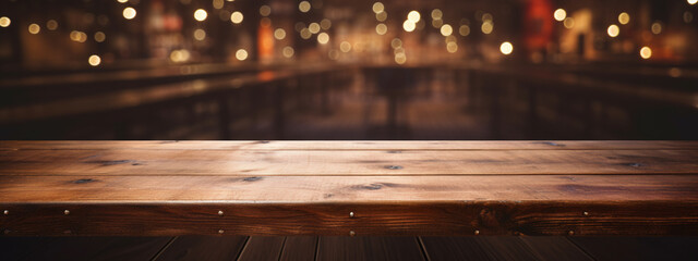 rustic wooden tabletop product display placement mockup surface with a bokeh light background, conveying a cozy, inviting atmosphere - obrazy, fototapety, plakaty
