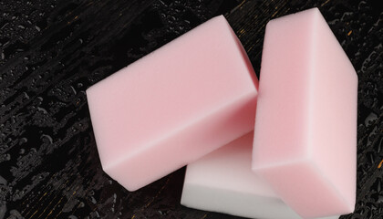 Melamine sponge on a black wet background. Beautiful drops of water around a melamine sponge.