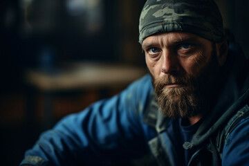 Male veteran explains his situation, in the style of psychological, light amber and cyan, group zero, group material, photo taken with provia, sharp focus, happenings

