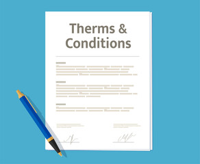 Terms and conditions service policy agreement, contract document. Insurance application, home rent conditions or business agreement contract signed document vector icon with paper and pen