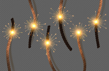 Dynamite fuses, bomb burning wicks of TNT explosive with sparks, realistic vector. Dynamite wick fuse with fire sparks, explosion detonator cables ropes with sparkles for firecracker or pyrotechnics - obrazy, fototapety, plakaty