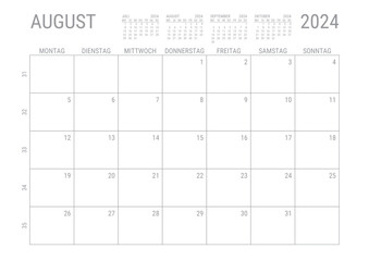 Monat Kalender August 2024 Monatskalender Kalenderblatt Kalendarium mit Kalenderwoche Planer DIN A4 Deutsch