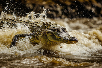 A crocodile launching itself from the water to catch prey