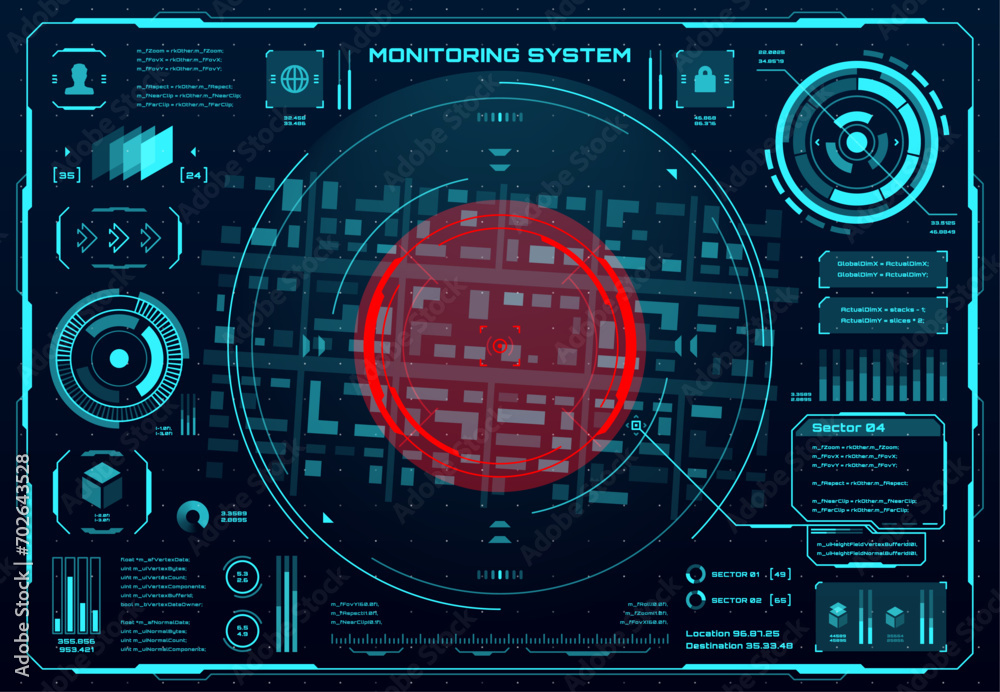 Poster Surveillance HUD monitor screen, military security or spyware system technology, vector map. HUD surveillance radar interface with cyber spy controls, digital UI dashboard for aim location monitoring