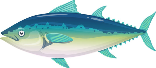 Cartoon tuna fish for seafood cuisine or sea food restaurant menu, isolated vector. Ocean fishing and marine market or seafood kitchen, gourmet cooking and sushi bar fresh tuna fish