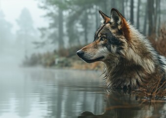 - The reflection of a wolf in a calm lake, creating a serene and introspective atmosphere.