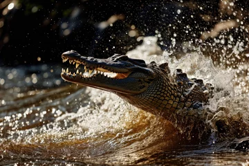 Fotobehang A crocodile launching itself from the water to catch prey © Veniamin Kraskov
