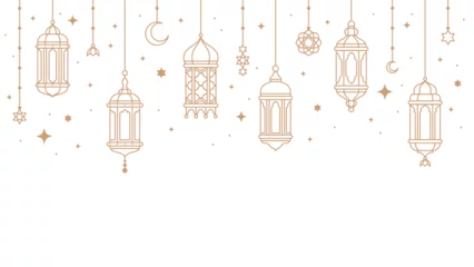 Foto op Aluminium Ramadan kareem arabian lanterns and lamps border. Middle east antique kerosene hanging light underline or border, mosque ancient gas lamp or muslim ramadan karem lantern vector divider or separator © Vector Tradition