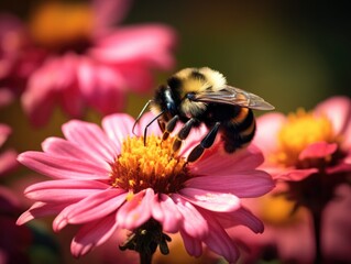 A bee on a pink flower with a black and white striped body. Generative AI.