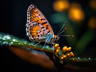 Butterfly on a flower with water droplets. Generative AI.