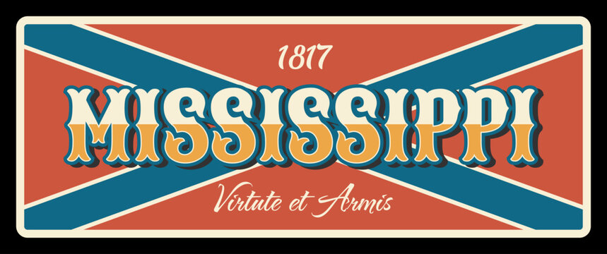 Mississippi vintage sign USA state travel plate, vector US state symbol of American tourism and traveling. Virtute et armis Mississippi coat of arms motto, Jackson capital