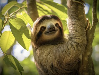Fototapeta premium A sloth is hanging on a tree branch. Generative AI.
