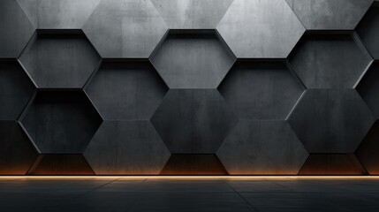 Black and gray wall with hexagonal shapes. Generative AI. - obrazy, fototapety, plakaty