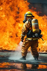 firefighter in full protective suit wearing a helmet with a gas mask with a cylinder pouring water on the fire in the background you can see the fire
