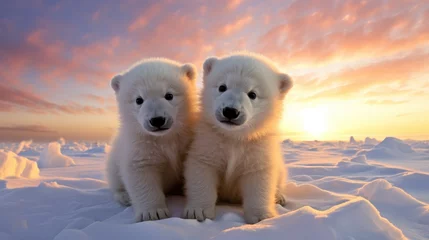 Tuinposter Two polar bears sitting on top of snow. Generative AI. © serg3d