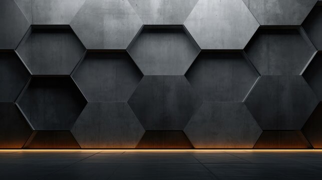Black and gray wall with hexagonal shapes. Generative AI.