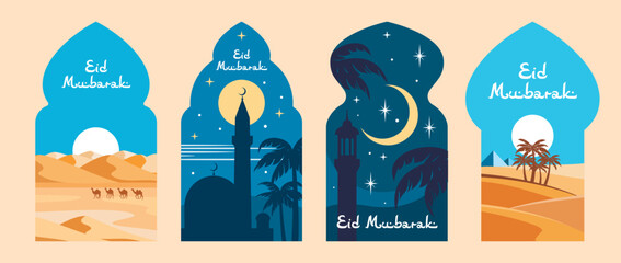 Eid Mubarak holiday, mosque windows with arabic landscapes. Islam Ramadan Kareem vector greeting card, muslim temple, minaret, night sky, moon and stars. Desert, palms and camels in arch window frame