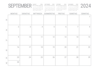 Monat Kalender September 2024 Monatskalender Kalenderblatt Kalendarium mit Kalenderwoche Planer DIN A4 Deutsch - obrazy, fototapety, plakaty