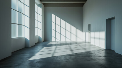 Fototapeta premium Empty industrial room with big windows, white walls and concrete floors with sunlight flowing in