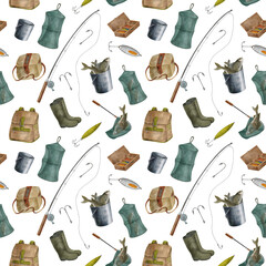 Watercolor fishing equipment seamless pattern. Hand drawn fishing rod, bait, lure, net, bucket,, creel, backpack isolated on transparent background. Angling hobby supplies. Catching fish, camping - obrazy, fototapety, plakaty