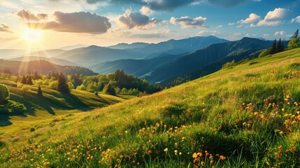 Idyllic mountain landscape in the Alps with blooming meadows in summer springtime - obrazy, fototapety, plakaty