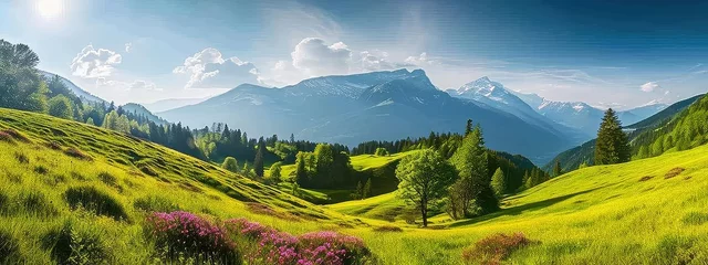 Fototapeten Idyllic mountain landscape in the Alps with blooming meadows in summer springtime © Ainur