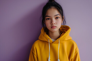 Fototapeta premium Asian serious teenage girl wearing hoodie on purple background