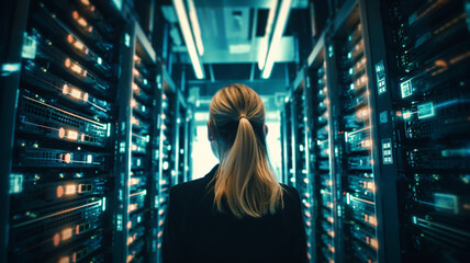 Back view of a woman in a data center aisle between server racks with blue lighting
