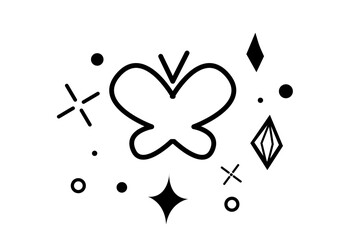 Baterfly with cute flowers, rainbow, burst set in doodle style isolated on white background. Sketch drawing, cartoon.