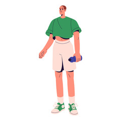 Sporty guy in summer outfit holds bottle of water. Happy young man carrying drink for sports, fitness, jogging. Stylish athlete model standing. Flat isolated vector illustration on white background