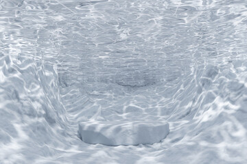 3d render platform and Natural winter background, The ice podium submerged underwater at a snow mountain for product stand display, advertising, mockup, or etc