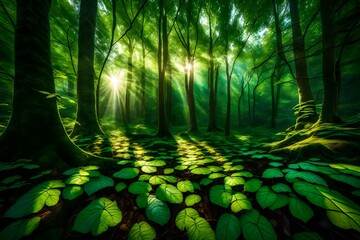 Sunlight filtering through a canopy of emerald leaves, casting intricate patterns on the forest floor.