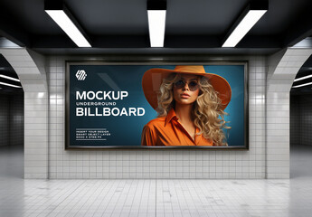 Billboard On Bright Underground Wall Mockup. Generative Ai