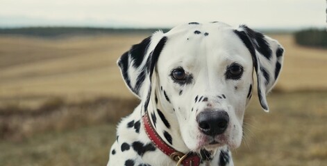 Animal Portrail of Dalmatian during late autumn sunset with a sun flares in the background.