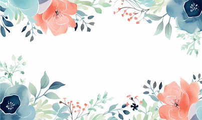 watercolor backgroud, frame of flowers, pastel colors, for design, blue, pink, leaves, white