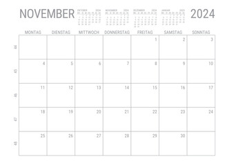 Monat Kalender November 2024 Monatskalender Kalenderblatt Kalendarium mit Kalenderwoche Planer DIN A4 Deutsch