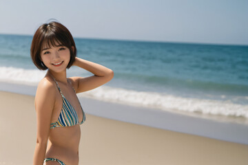 Fototapeta na wymiar 青空をバックに健康的に微笑むビキニ姿の若い日本人女性