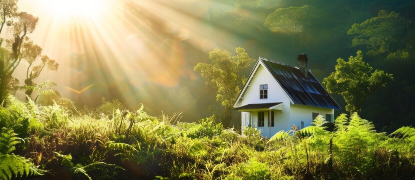 A small white house in a lush green environment under a bright sunbeam