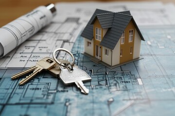 House model and keys on architectural blueprints