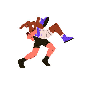 Martial art training, sport competition. Freestyle wrestling sportsman lifting opponent, competitor. Professional fighters go greco roman fight. Flat isolated vector illustration on white background