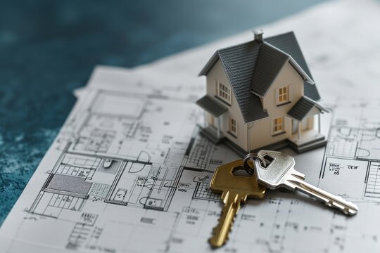 House model and keys on architectural blueprints