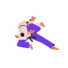 Japanese martial art competition. Aikido sportsmen training, judo competitors sparring. Professional jujutsu fighters fight. Traditional Chinese sport. Flat isolated vector illustration on white