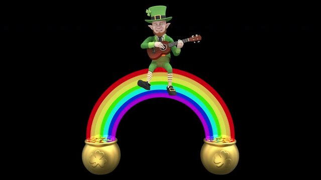 Leprechaun playing guitar on the rainbow - 3d render looped with alpha channel.