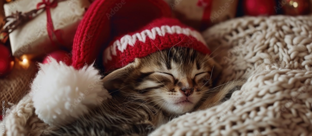 Poster Christmas-themed pet nap: kitten, puppy, hats, gifts, blanket, bed, home, top-down.