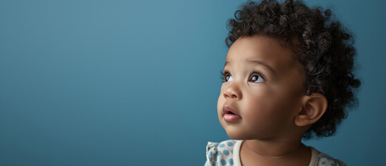African American baby on a light blue background, Health care and happy family concept, empty space in studio shot isolated on blue long banner background, generative AI - obrazy, fototapety, plakaty