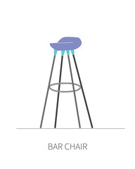 High kitchen bar chair on long metal legs with soft blue seat. Isolated chair on white background front side view.