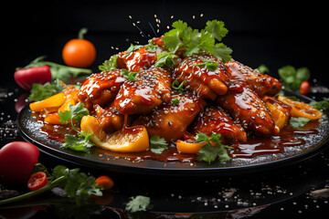 Sweet and sour chicken, dramatic studio lighting and a shallow depth of field.  Placed on a reflective black surface.no.01