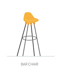 High kitchen bar chair on long metal legs with soft yellow seat. Isolated chair on white background front side view.