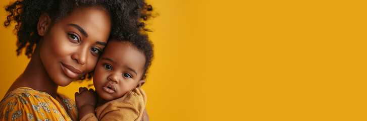 Child care with African American mother with her baby, Health care and happy family concept, empty space in studio shot isolated on yellow long banner background, generative AI - Powered by Adobe