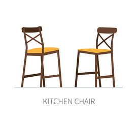 Classic kitchen dining room chair on wooden legs with soft yellow seat. Isolated chair on white background.